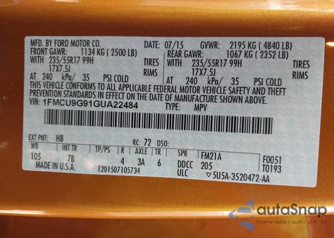 2016 Ford Escape Se из США, поврежденный, VIN 1FMCU9G91GUA22484